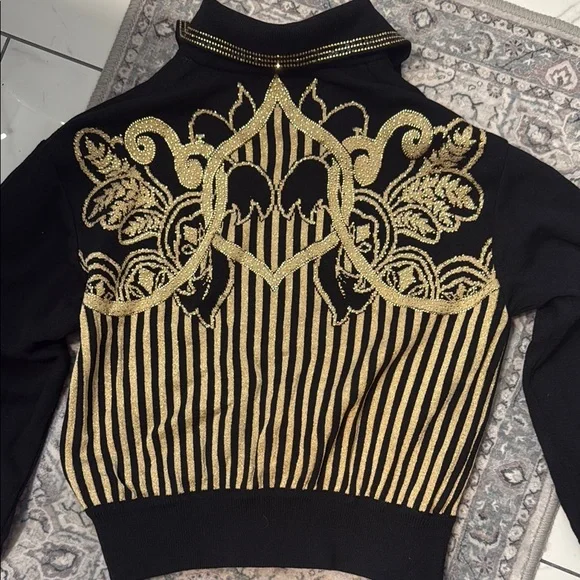 St. John by Marie Gray Black and Gold Embellished Rhinestone Patterned Sweater